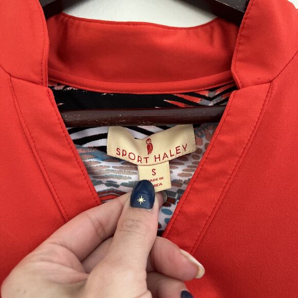 SPORT HALEY Mock Neck Half Sleeve Rhinestone Detailed Polo, Blood Orange- Small - Picture 4 of 9